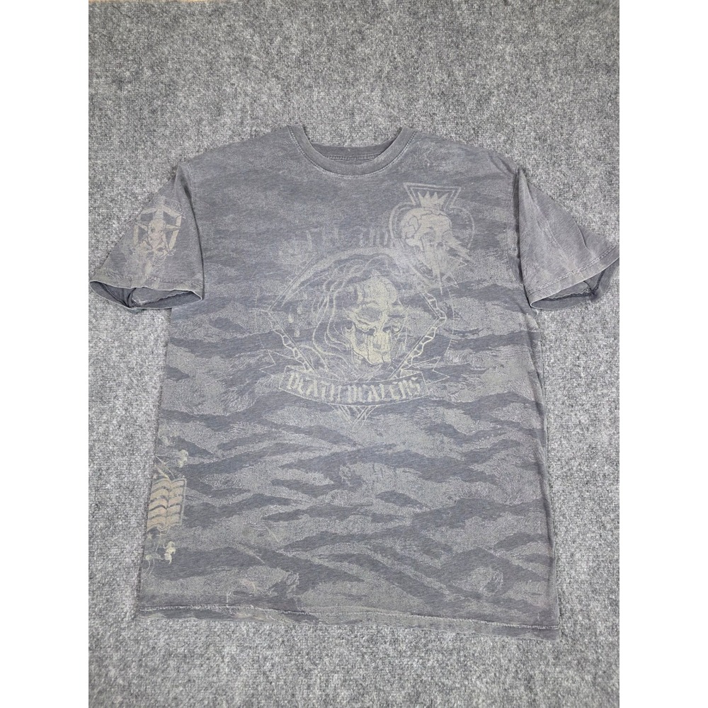 Affliction T-Shirt Mens 2XL Grey Camo Death Dealers Skull Graphic Distressed Tee